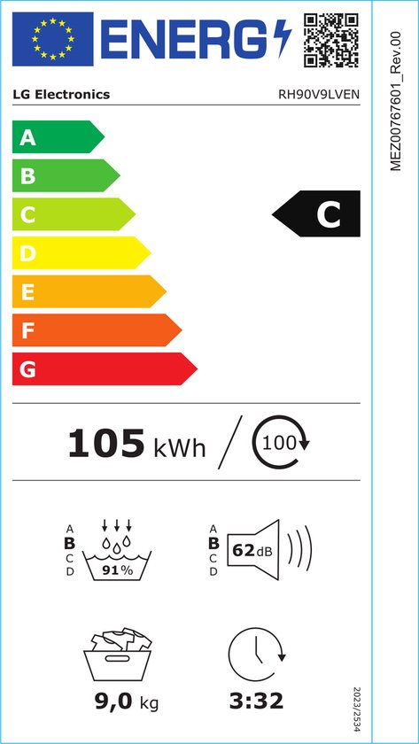 LG RH90V9LVEN wasdroger - 9 kg, C, Dual inverter heatpump, 62 dBA, 14 programma's - Afbeelding 3