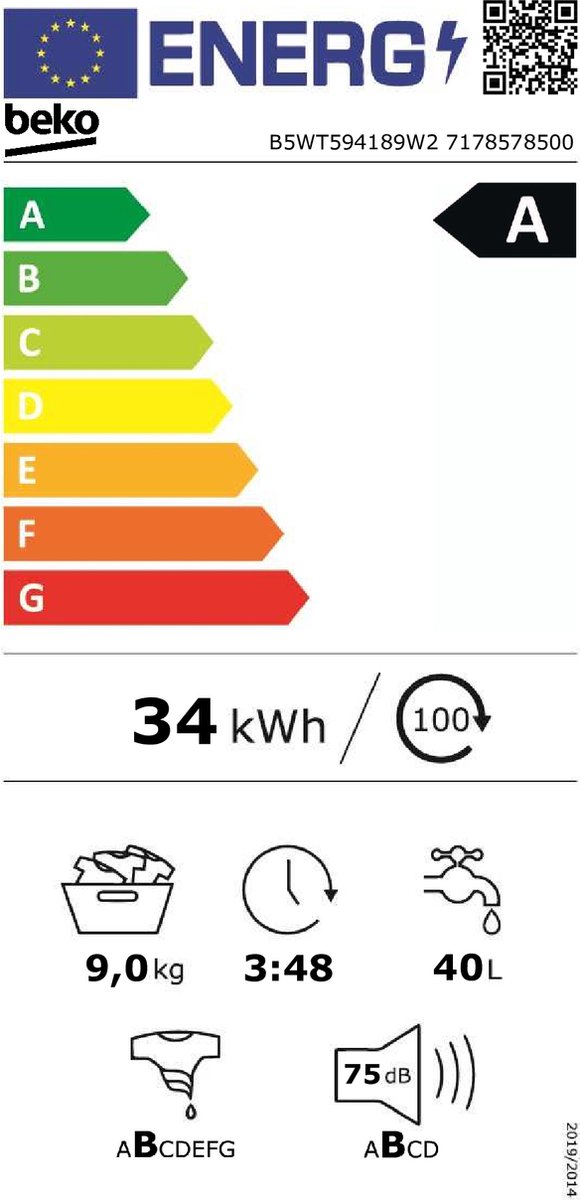 Beko B5WT594189W2 wasmachine Voorbelading 9 kg 1400 RPM Wit - Afbeelding 6