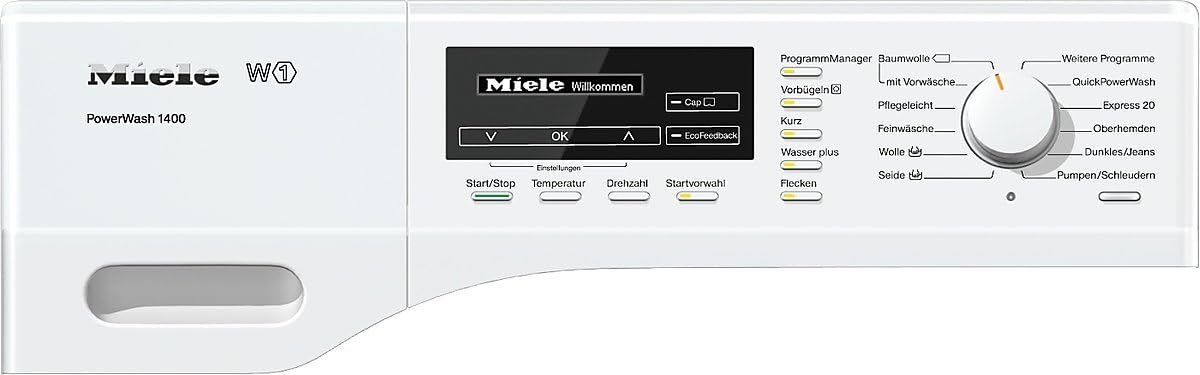Miele WKF110 WPS wasmachine met PowerWash technologie en 8 kg laadvermogen in lotuswit.