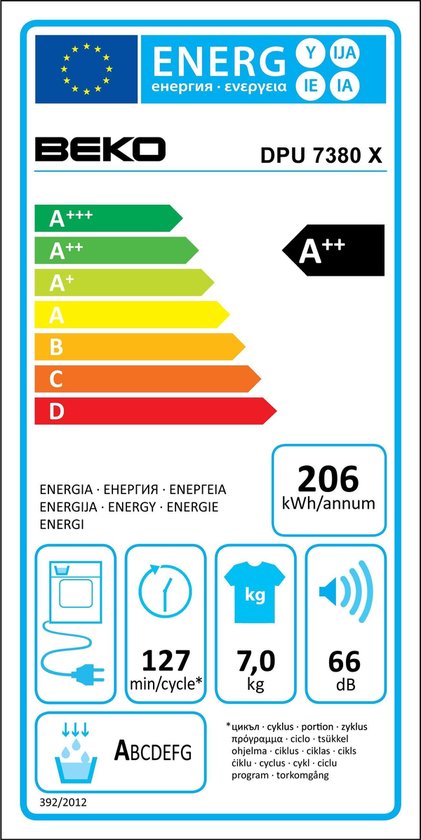 Beko DPU7380X warmtepompdroger met 7 kg laadvermogen, energieklasse A++ en warmtepomptechnologie in witte uitvoering.