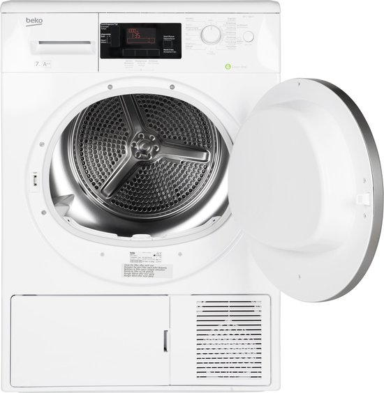 Beko DPU7380X warmtepompdroger met 7 kg laadvermogen, energieklasse A++ en warmtepomptechnologie in witte uitvoering.