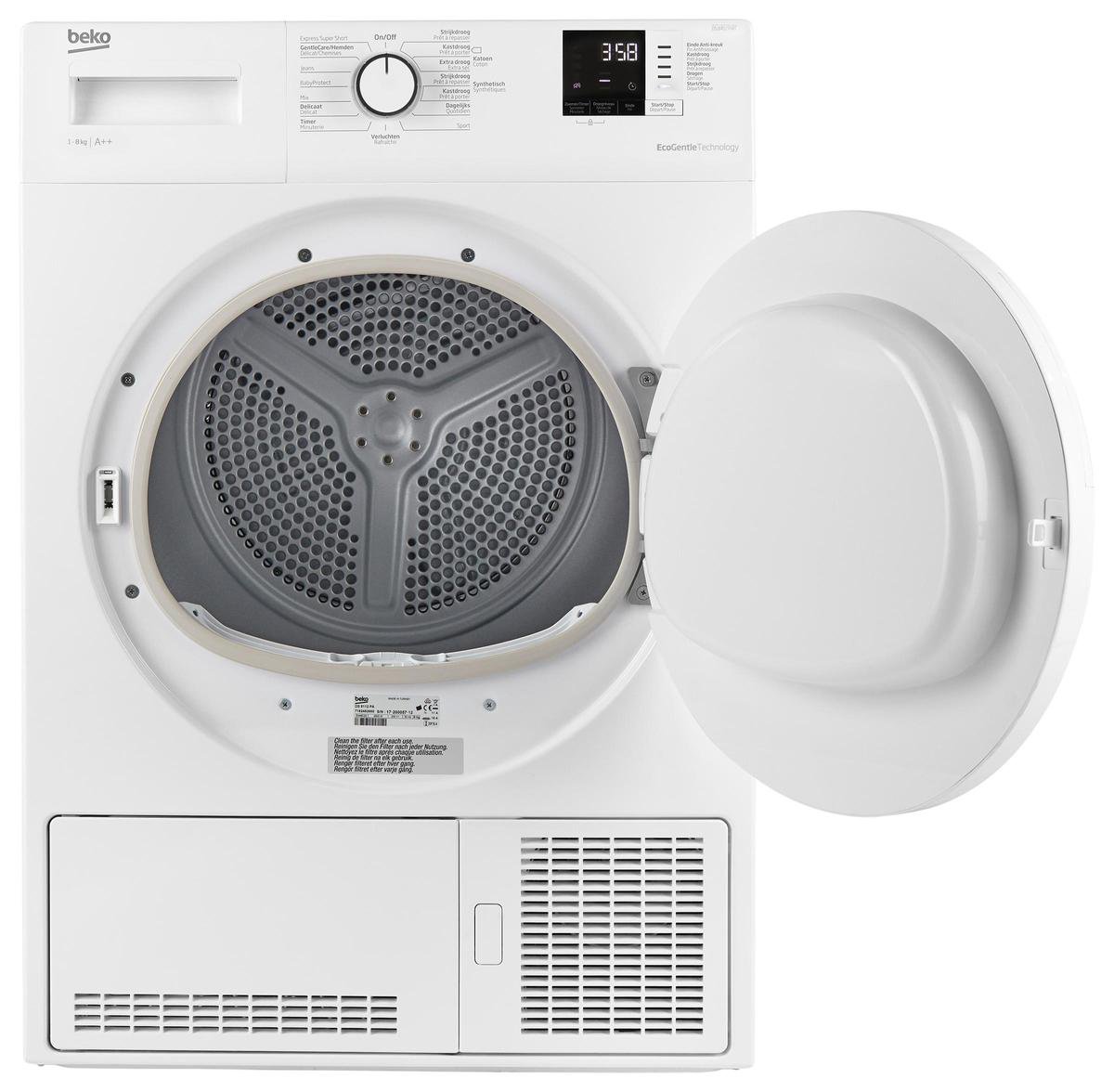 De Beko DS8412PA0 warmtepompdroger met 8 kg laadvermogen, EcoGentle, AquaWave en energieklasse A++. Energiezuinig drogen met optimale kledingverzorging.