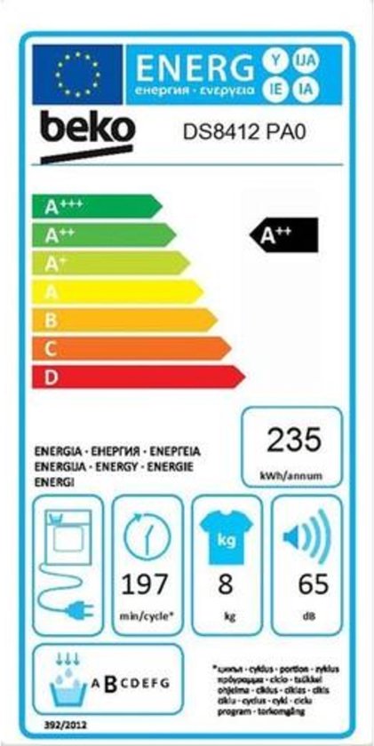 De Beko DS8412PA0 warmtepompdroger met 8 kg laadvermogen, EcoGentle, AquaWave en energieklasse A++. Energiezuinig drogen met optimale kledingverzorging.