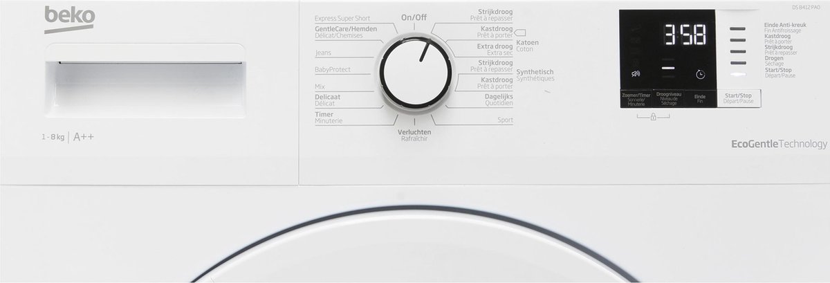 De Beko DS8412PA0 warmtepompdroger met 8 kg laadvermogen, EcoGentle, AquaWave en energieklasse A++. Energiezuinig drogen met optimale kledingverzorging.