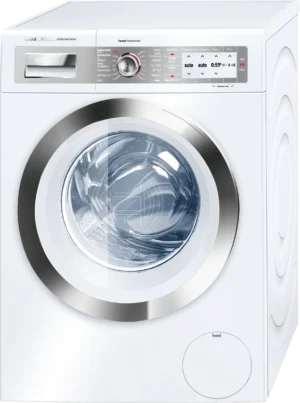 Bosch Serie 8 WAY32841NL wasmachine met i-DOS automatische dosering, EcoSilence Drive motor en 9 kg laadvermogen in wit-zilveren uitvoering.