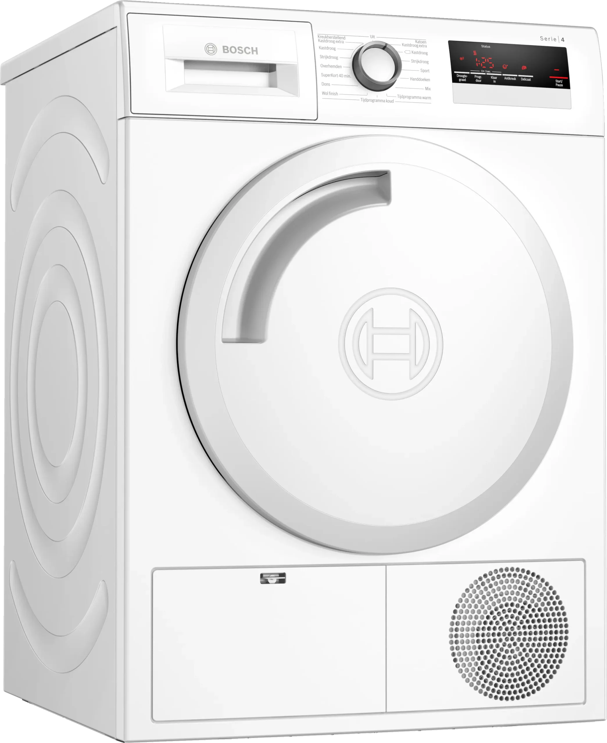 Bosch Serie 4 WTH83V75NL warmtepompdroger met AutoDry sensortechnologie, EasyClean filter en 7 kg laadvermogen in witte uitvoering.