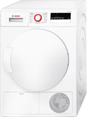 Bosch Serie 4 WTH832V8 warmtepompdroger met AutoDry sensortechnologie, Sensitive Drying System en 8 kg laadvermogen in witte uitvoering.