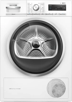Siemens iQ700 WT47W5W0 warmtepompdroger met SelfCleaning Condenser, autoDry sensoren en 8 kg laadvermogen in witte uitvoering.