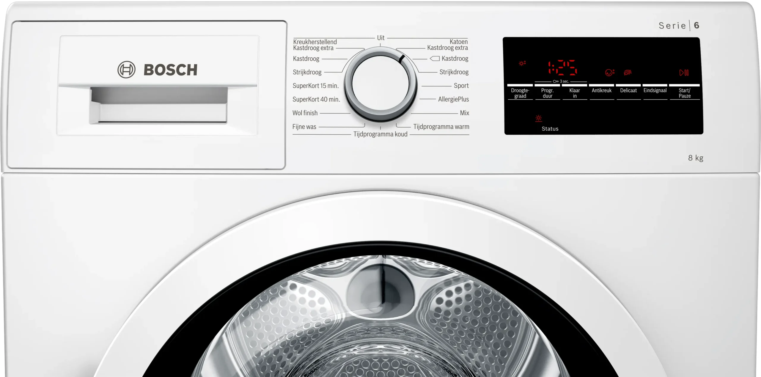 Bosch Serie 6 WTG846C0NL condensdroger met AutoDry sensortechnologie, Sensitive Drying System en 8 kg laadvermogen in witte uitvoering.