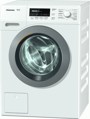 Miele W1 WKB130 WPS wasmachine met PowerWash 2.0, QuickPowerWash en 8 kg laadvermogen in lotuswitte uitvoering.