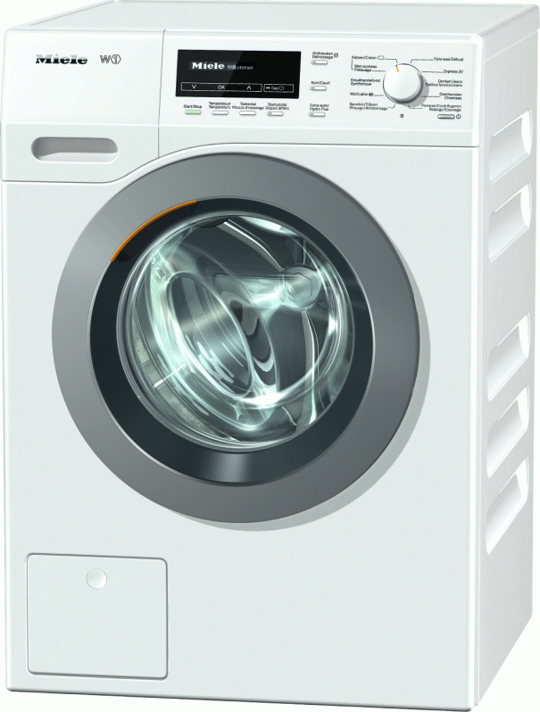 Miele W1 WKB130 WPS wasmachine met PowerWash 2.0, QuickPowerWash en 8 kg laadvermogen in lotuswitte uitvoering.