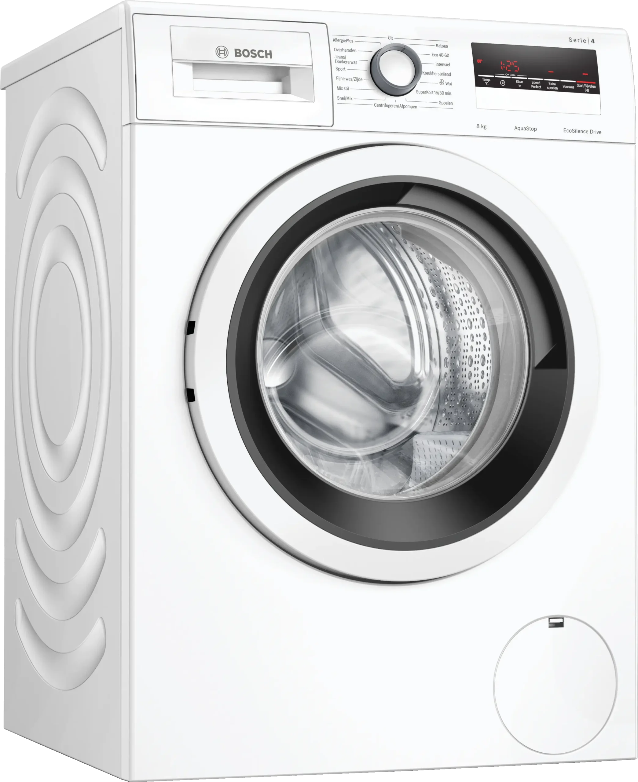 Bosch Serie 4 WAN28276NL wasmachine met SpeedPerfect, EcoSilence Drive motor, ActiveWater Plus en 8 kg laadvermogen in witte uitvoering.