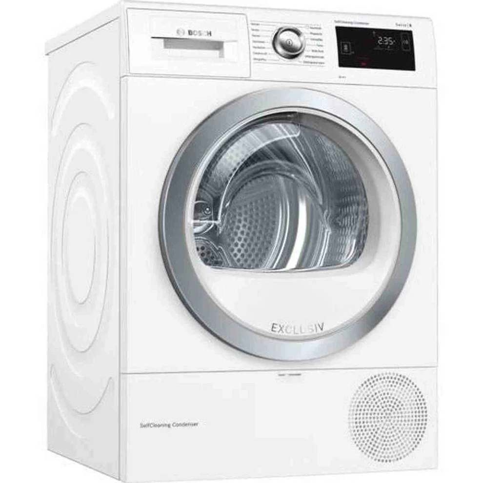 Bosch Serie 6 WTW87680 warmtepompdroger met SelfCleaning Condenser, AutoDry sensortechnologie en 8 kg laadvermogen in witte uitvoering.