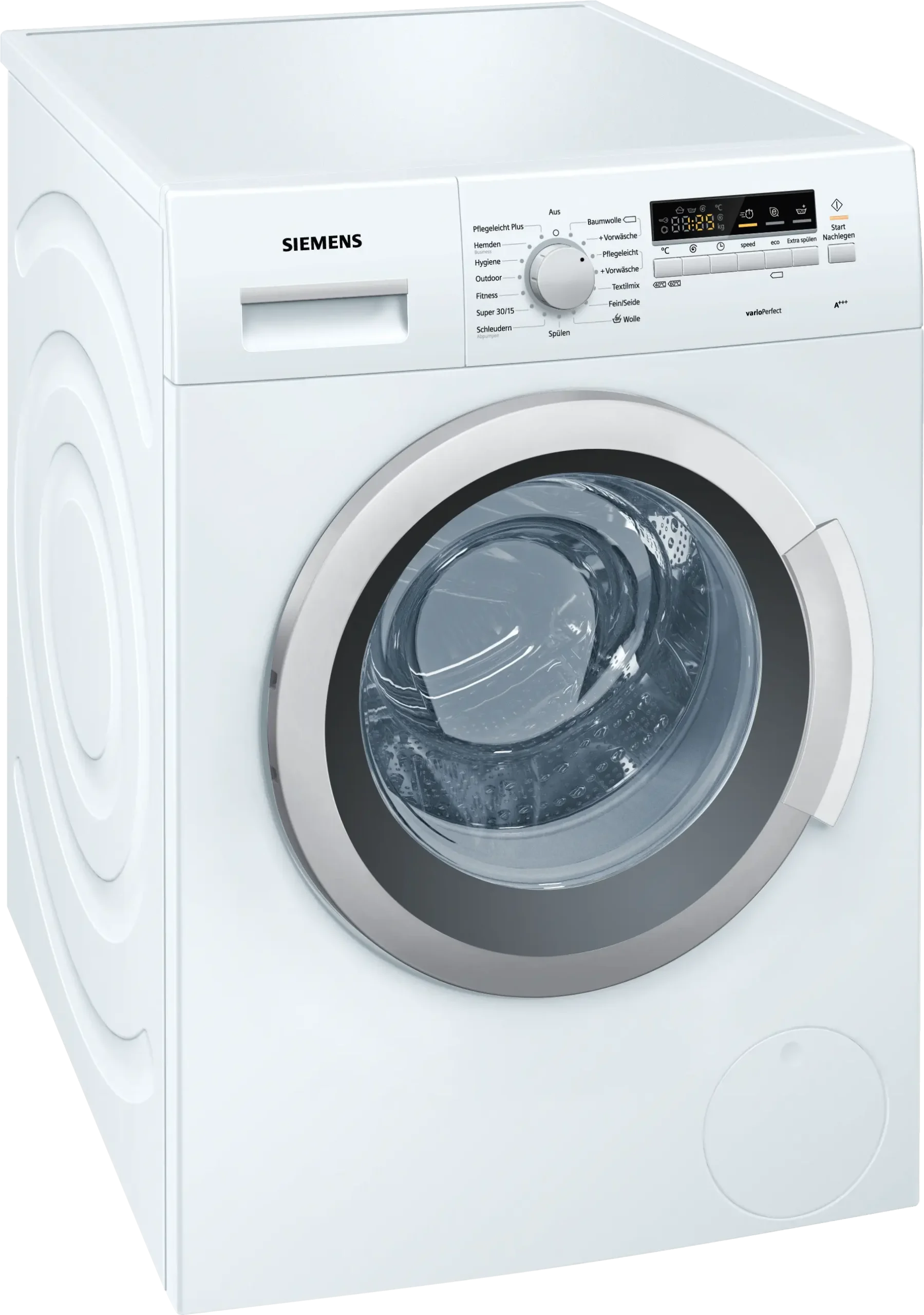 Siemens iQ300 WM14K270EX wasmachine met varioPerfect technologie, 1400 rpm centrifuge en 8 kg laadvermogen in witte uitvoering.