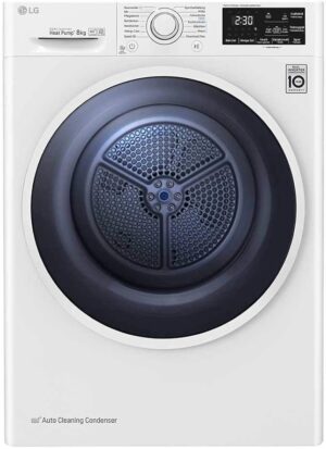 LG RT8DIH1Q warmtepompdroger met Dual Inverter Heat Pump technologie, zelfreinigende condensor, LG ThinQ en 8 kg laadvermogen in witte uitvoering.