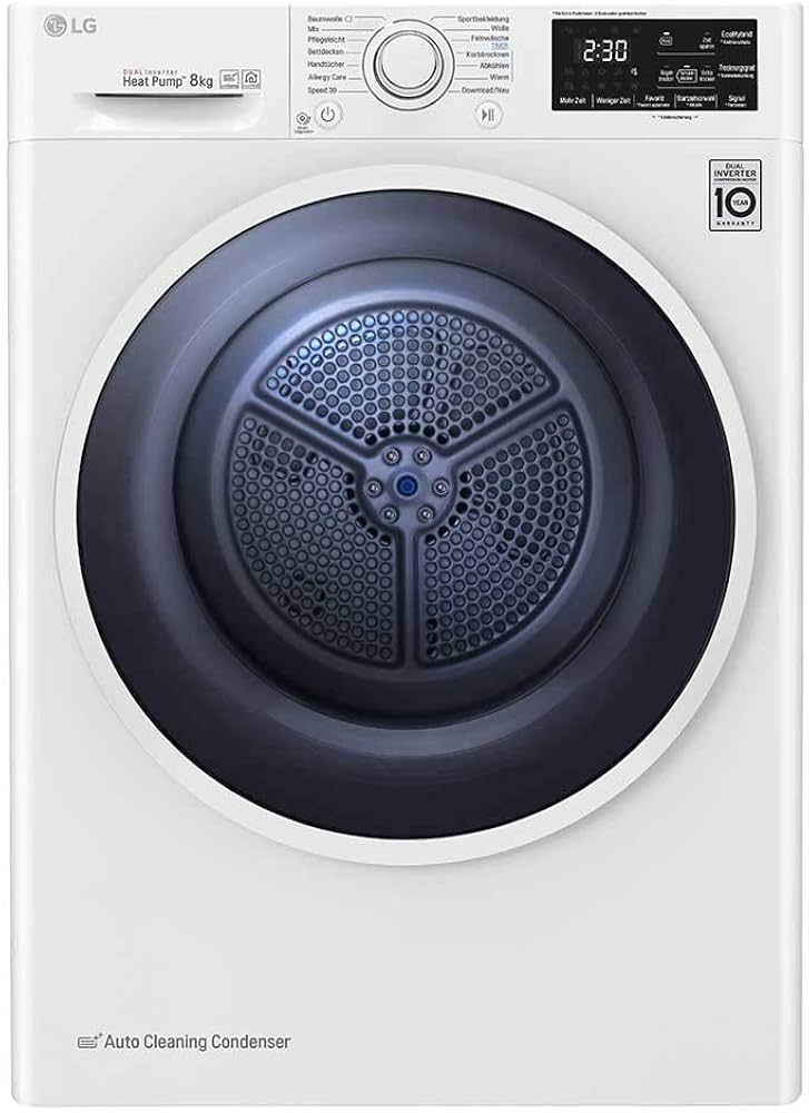 LG RT8DIH1Q warmtepompdroger met Dual Inverter Heat Pump technologie, zelfreinigende condensor, LG ThinQ en 8 kg laadvermogen in witte uitvoering.