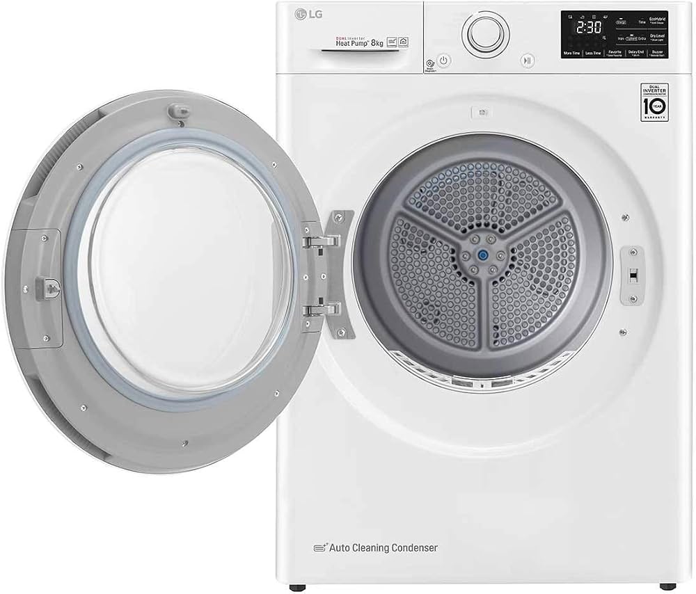 LG RT8DIH1Q warmtepompdroger met Dual Inverter Heat Pump technologie, zelfreinigende condensor, LG ThinQ en 8 kg laadvermogen in witte uitvoering.