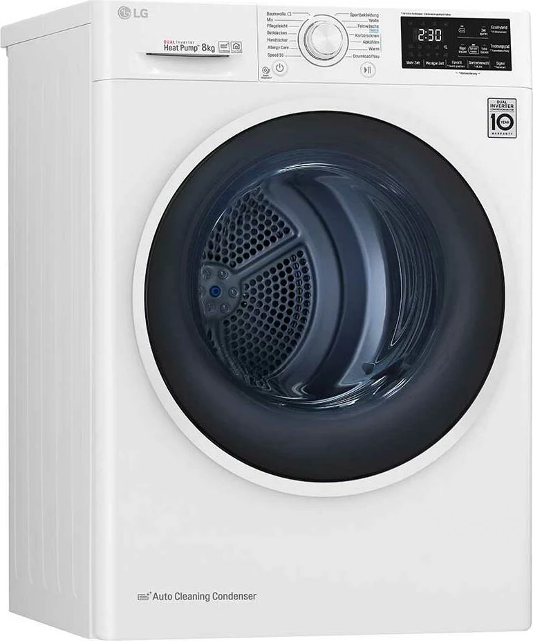 LG RT8DIH1Q warmtepompdroger met Dual Inverter Heat Pump technologie, zelfreinigende condensor, LG ThinQ en 8 kg laadvermogen in witte uitvoering.