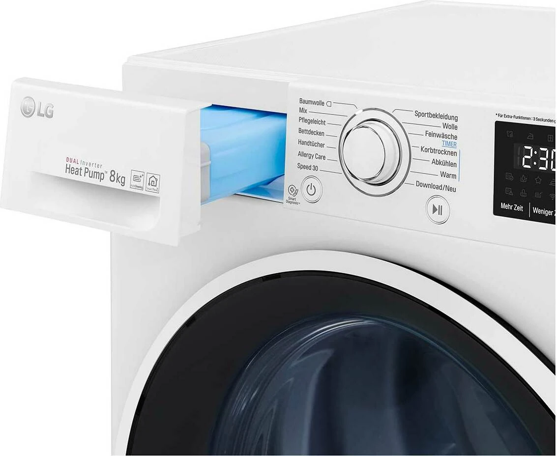 LG RT8DIH1Q warmtepompdroger met Dual Inverter Heat Pump technologie, zelfreinigende condensor, LG ThinQ en 8 kg laadvermogen in witte uitvoering.