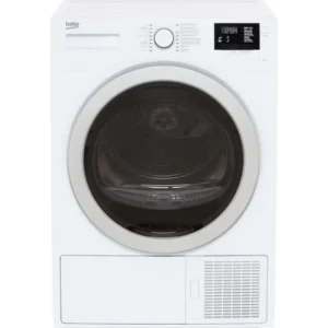 Beko DS7433RX warmtepompdroger met OptiSense sensortechnologie, AquaWave trommel en 7 kg laadvermogen in witte uitvoering.
