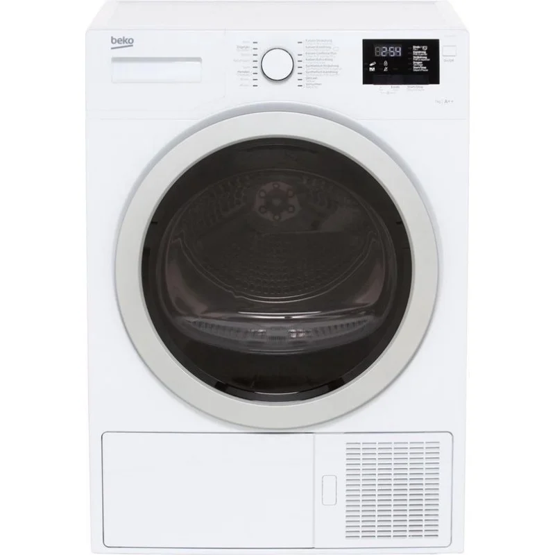 Beko DS7433RX warmtepompdroger met OptiSense sensortechnologie, AquaWave trommel en 7 kg laadvermogen in witte uitvoering.