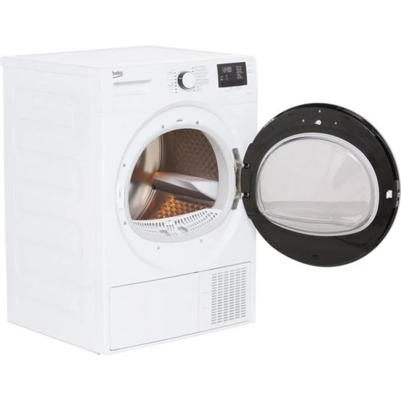 Beko DS7433RX warmtepompdroger met OptiSense sensortechnologie, AquaWave trommel en 7 kg laadvermogen in witte uitvoering.