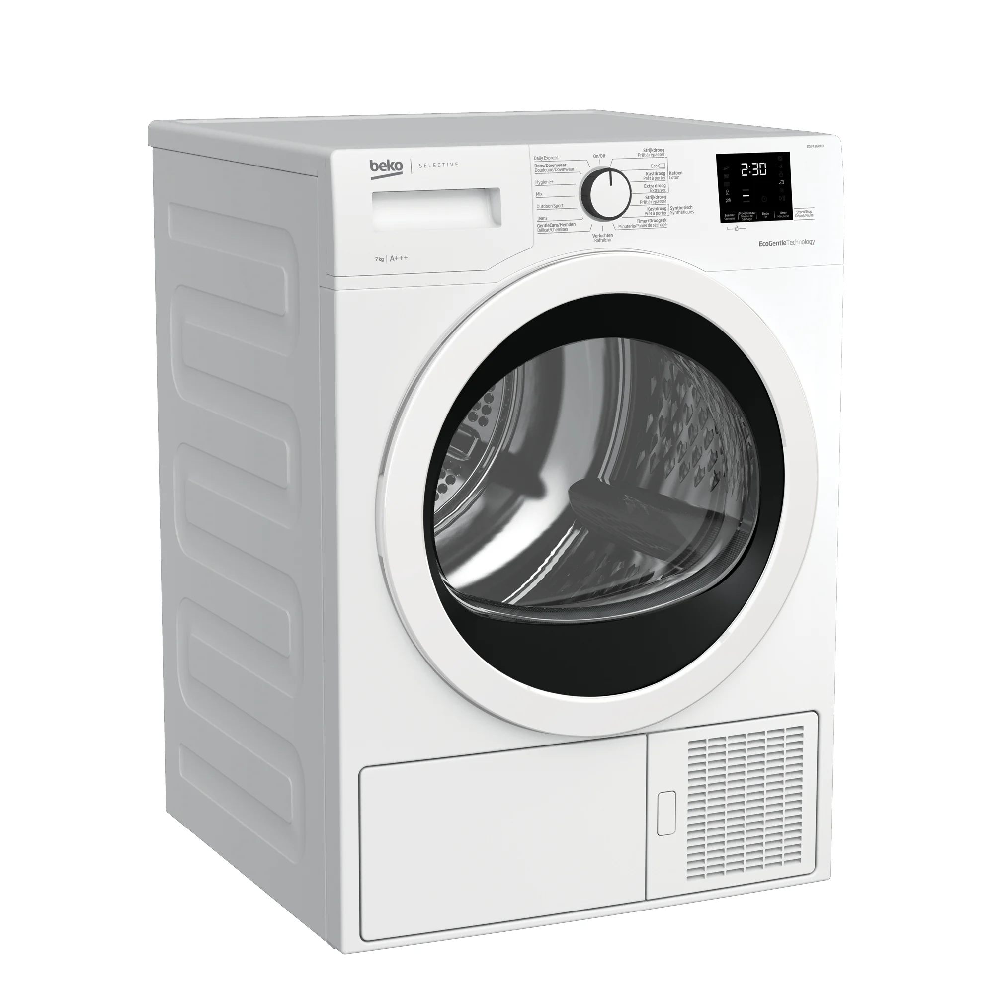 Beko DS7433RX warmtepompdroger met OptiSense sensortechnologie, AquaWave trommel en 7 kg laadvermogen in witte uitvoering.