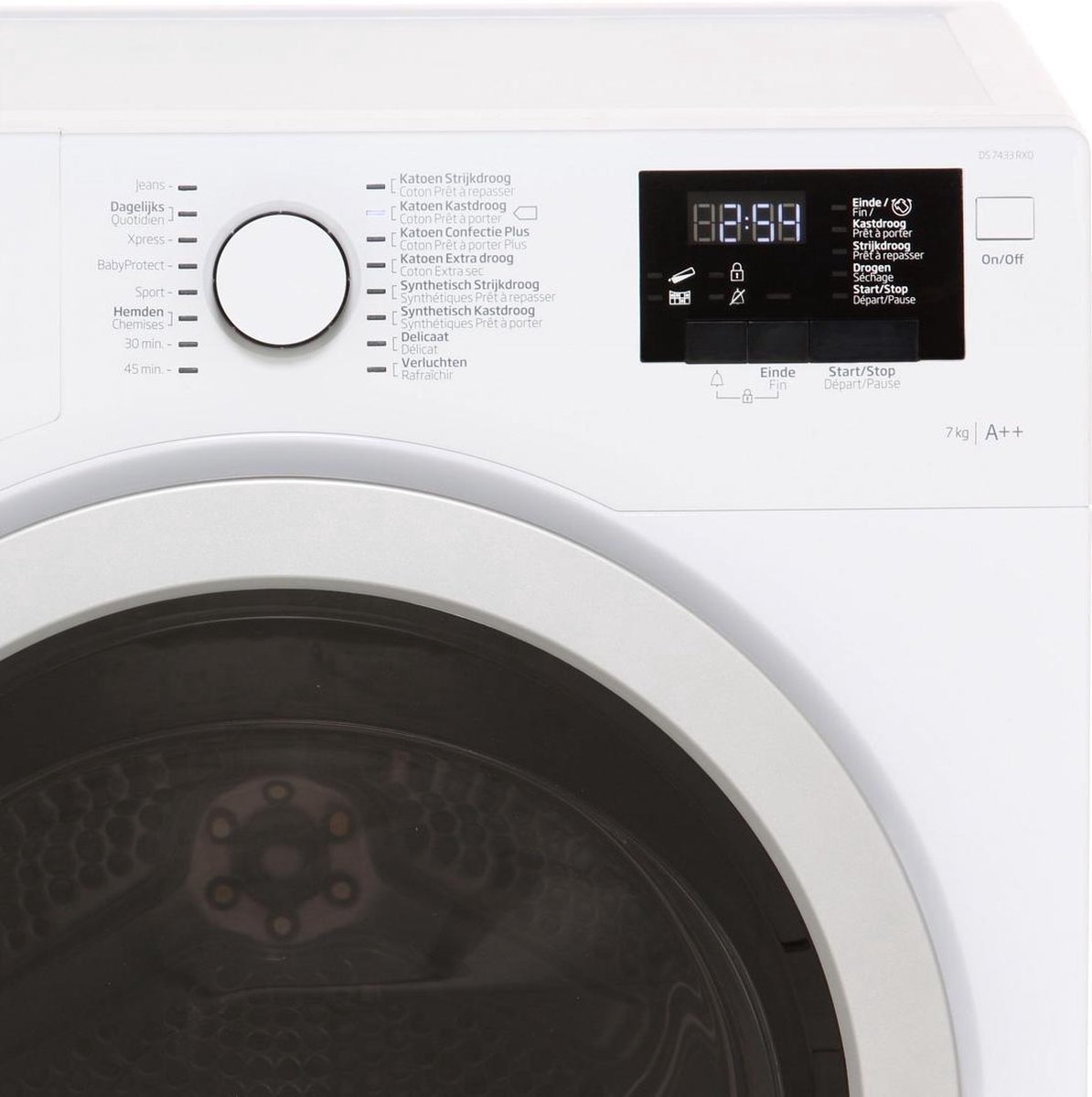 Beko DS7433RX warmtepompdroger met OptiSense sensortechnologie, AquaWave trommel en 7 kg laadvermogen in witte uitvoering.