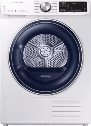 Samsung DV80N62532W warmtepompdroger met OptimalDry sensortechnologie, SmartThings bediening en 8 kg laadvermogen in witte uitvoering.