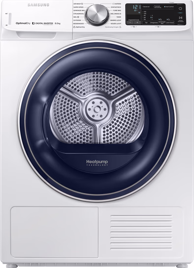 Samsung DV80N62532W warmtepompdroger met OptimalDry sensortechnologie, SmartThings bediening en 8 kg laadvermogen in witte uitvoering.