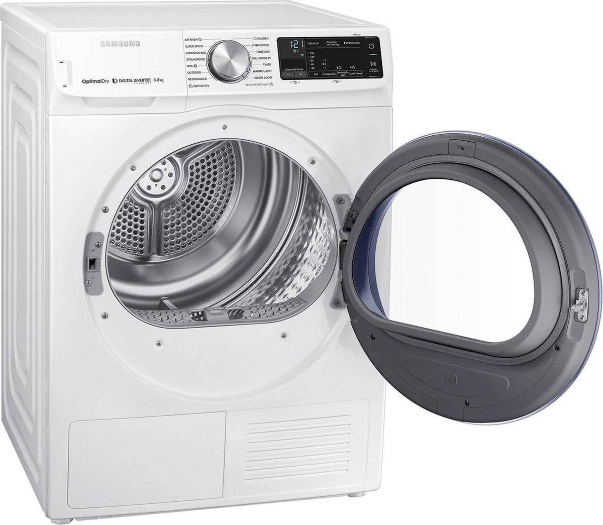 Samsung DV80N62532W warmtepompdroger met OptimalDry sensortechnologie, SmartThings bediening en 8 kg laadvermogen in witte uitvoering.