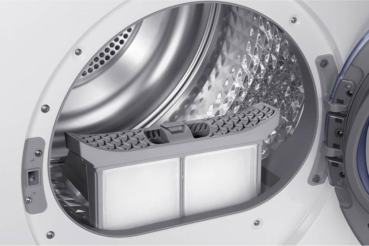 Samsung DV80N62532W warmtepompdroger met OptimalDry sensortechnologie, SmartThings bediening en 8 kg laadvermogen in witte uitvoering.