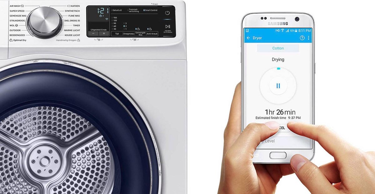 Samsung DV80N62532W warmtepompdroger met OptimalDry sensortechnologie, SmartThings bediening en 8 kg laadvermogen in witte uitvoering.