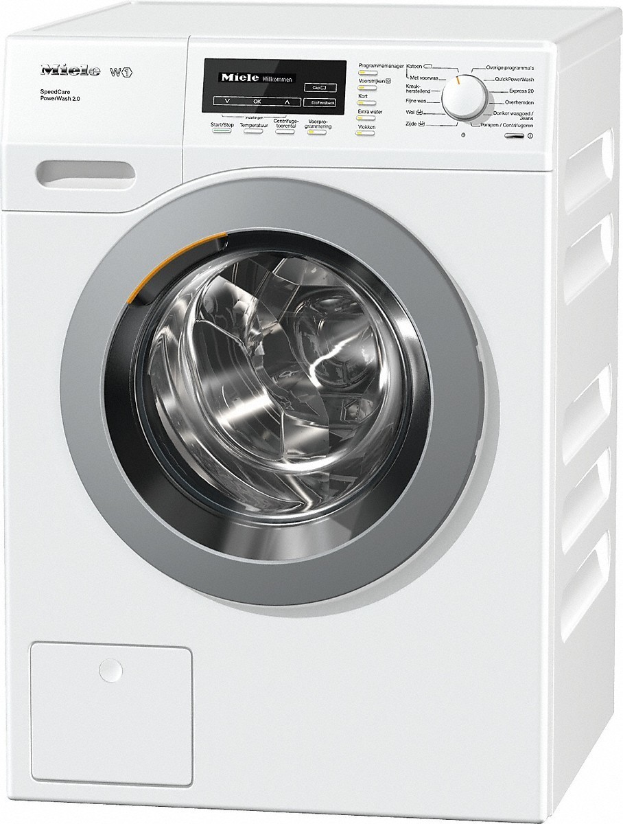 Miele W1 WKF311 WPS SpeedCare wasmachine met PowerWash 2.0, QuickPowerWash, WaterProof-System en 8 kg laadvermogen in lotuswitte uitvoering.