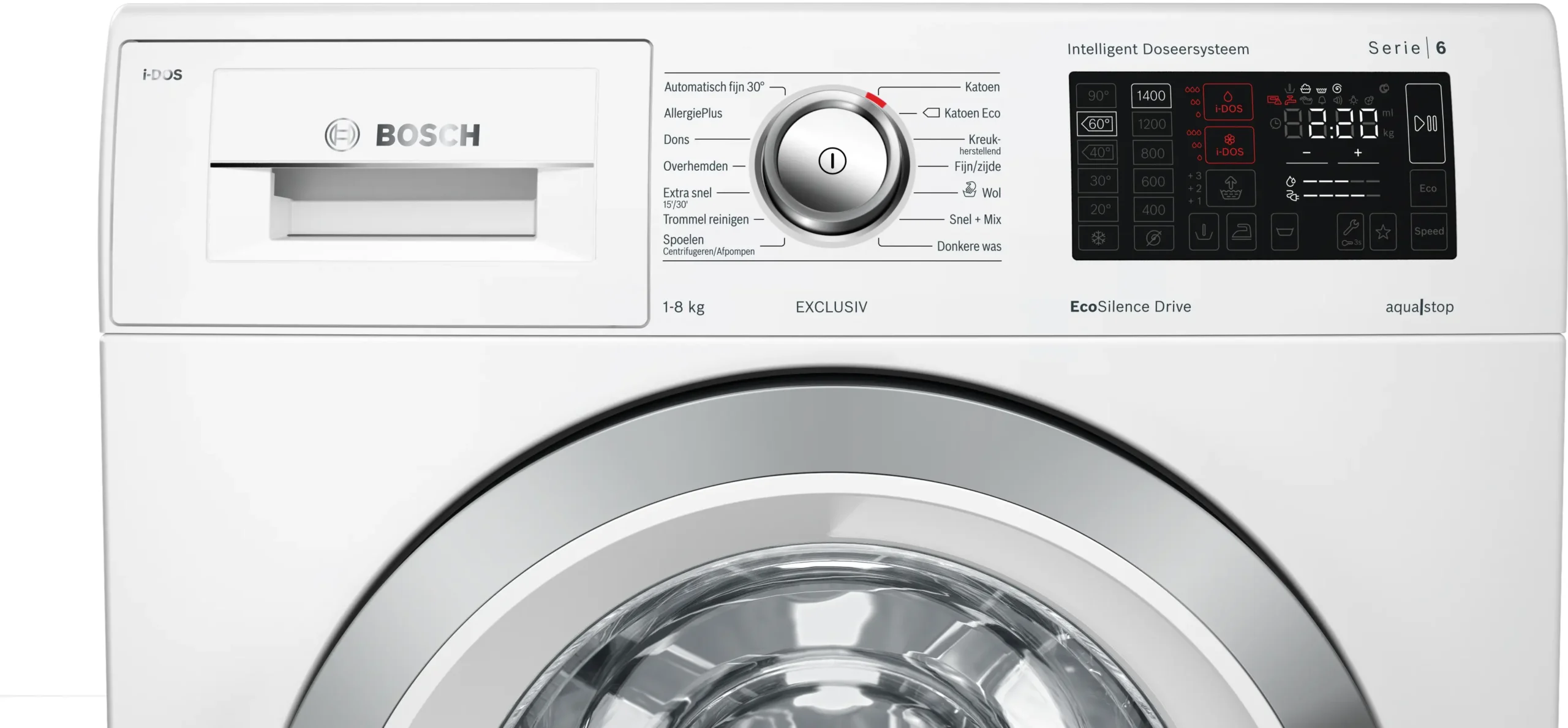 Bosch Serie 6 WAT28695NL wasmachine met i-DOS automatische dosering, EcoSilence Drive motor, AquaStop en 8 kg laadvermogen in witte uitvoering.