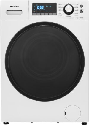 Hisense WFEH9014VA wasmachine met AutoDose automatische dosering, Snowflake trommel, Inverter PowerDrive motor en 9 kg laadvermogen in witte uitvoering.