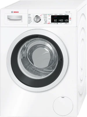 Bosch Serie 8 WAW285V0 wasmachine met SilentPowerDrive motor, SpeedPerfect, Vlekkenautomaat en 9 kg laadvermogen in witte uitvoering.