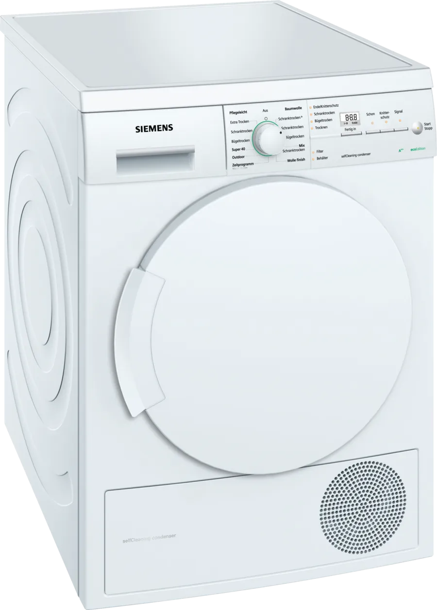 Siemens iQ500 WT44W3D2 warmtepompdroger met SelfCleaning Condenser, autoDry sensortechnologie en 7 kg laadvermogen in witte uitvoering.