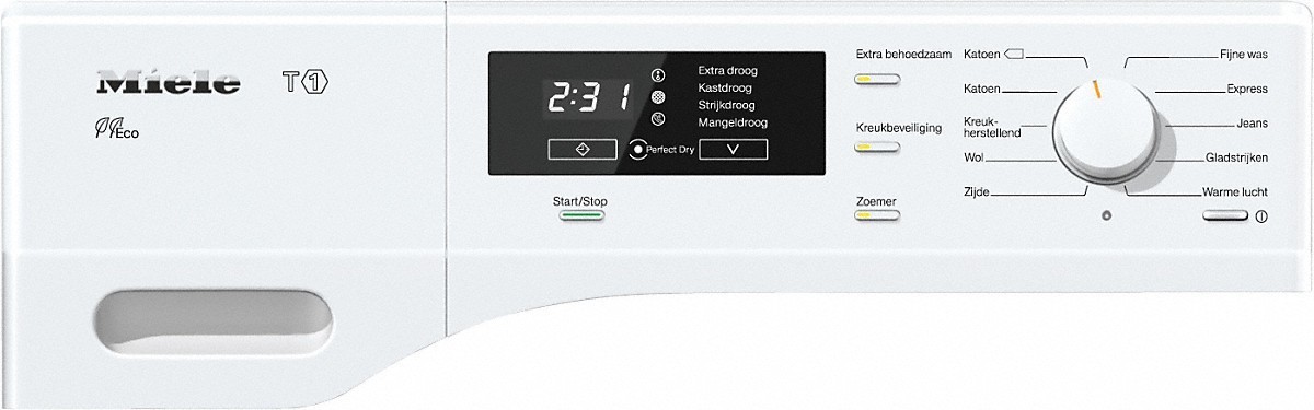 Miele T1 TKB650 WP warmtepompdroger met EcoDry, PerfectDry, FragranceDos, SoftCare-trommel en 8 kg laadvermogen in lotuswitte uitvoering.