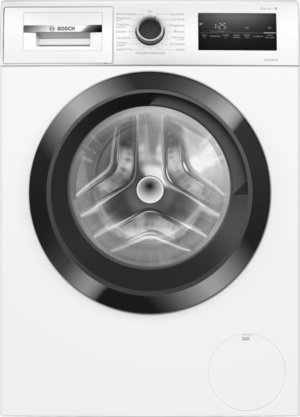 Bosch Serie 4 WAN28K43 wasmachine met EcoSilence Drive motor, SpeedPerfect, Hygiene Plus, AquaStop en 8 kg laadvermogen in witte uitvoering.