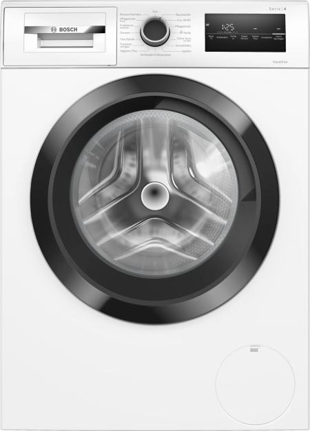 Bosch Serie 4 WAN28K43 wasmachine met EcoSilence Drive motor, SpeedPerfect, Hygiene Plus, AquaStop en 8 kg laadvermogen in witte uitvoering.
