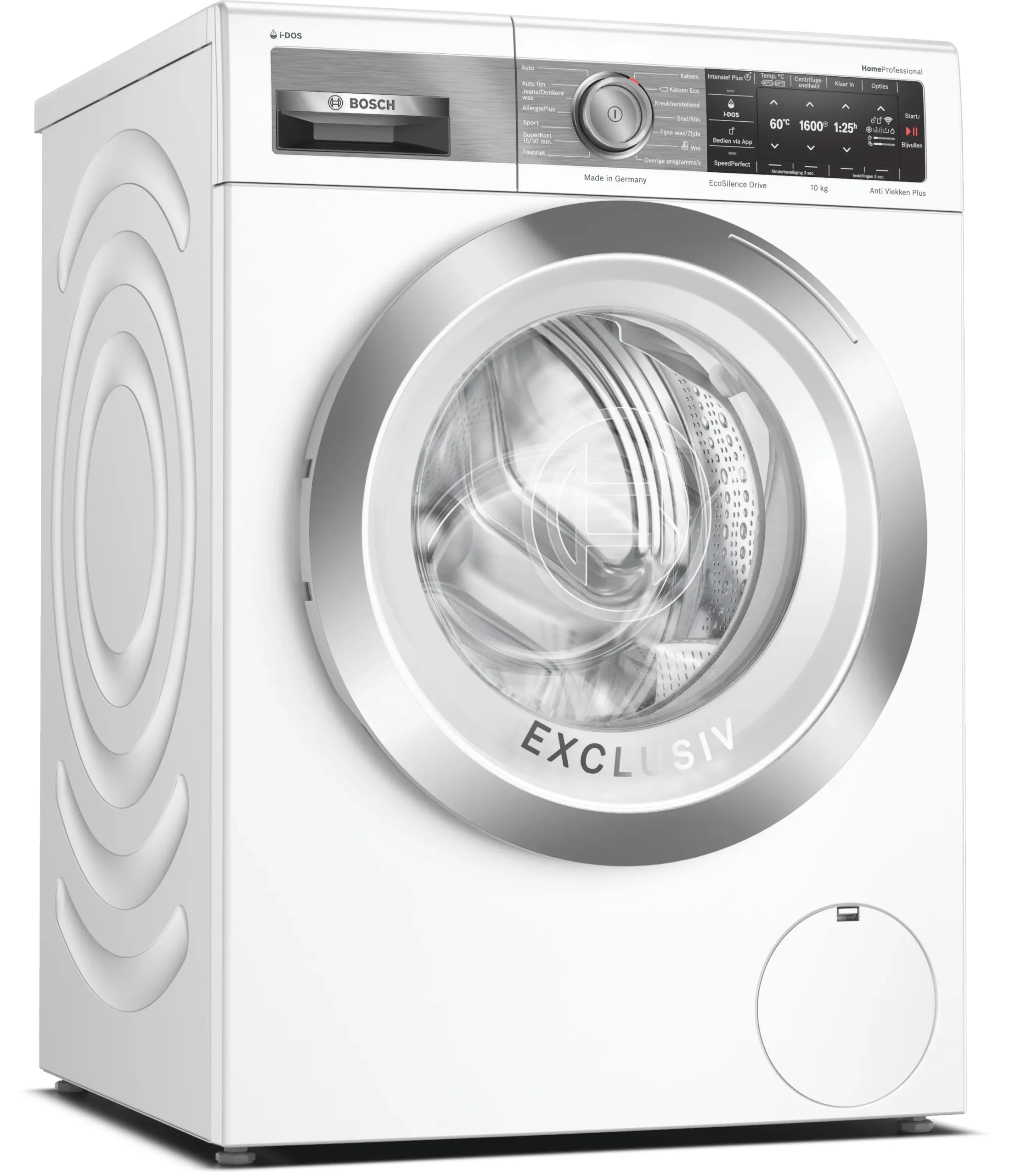 Bosch Serie 8 WAXH2E90NL wasmachine met 10 kg laadvermogen, i-DOS automatische dosering, 4D Wash System, Home Connect en EcoSilence Drive motor in witte uitvoering.