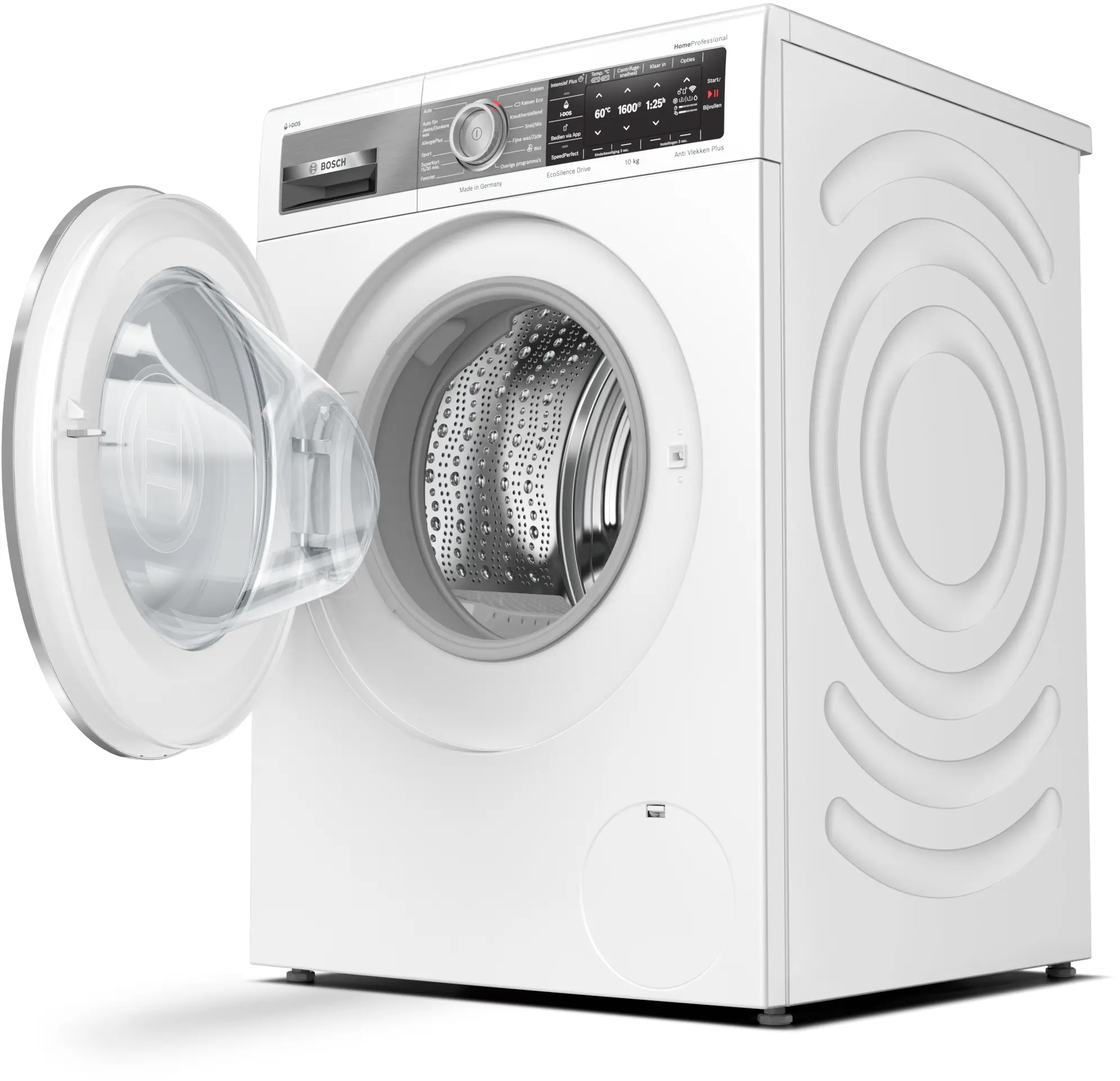 Bosch Serie 8 WAXH2E90NL wasmachine met 10 kg laadvermogen, i-DOS automatische dosering, 4D Wash System, Home Connect en EcoSilence Drive motor in witte uitvoering.