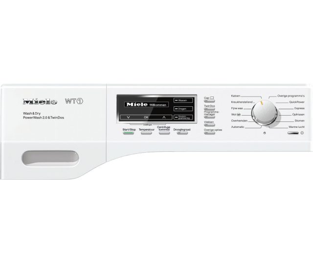 Miele WTF130 WPM PowerWash 2.0 was-droogcombinatie met SteamCare, ProfiEco motor, 7 kg wascapaciteit en 4 kg droogcapaciteit in lotuswitte uitvoering.