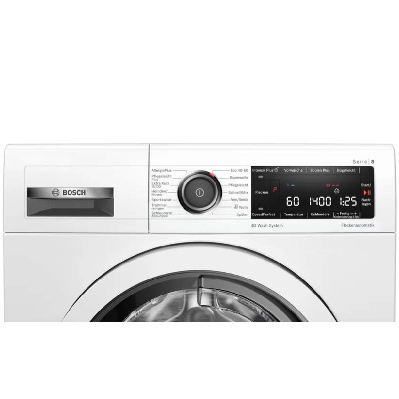 Bosch Serie 8 WAV28MV3 wasmachine met 4D Wash System, EcoSilence Drive motor, SpeedPerfect en 9 kg laadvermogen in witte uitvoering.