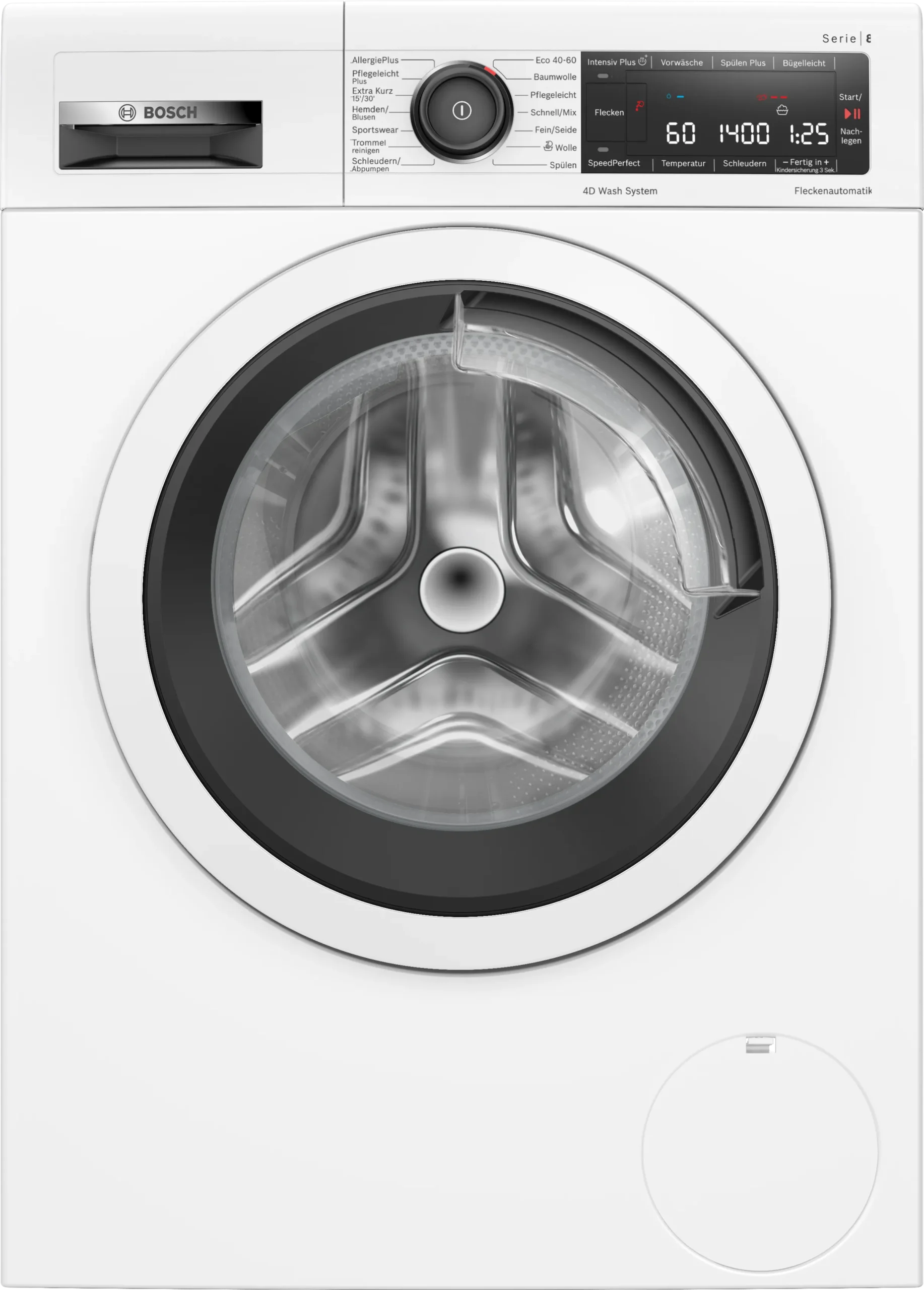 Bosch Serie 8 WAV28MV3 wasmachine met 4D Wash System, EcoSilence Drive motor, SpeedPerfect en 9 kg laadvermogen in witte uitvoering.