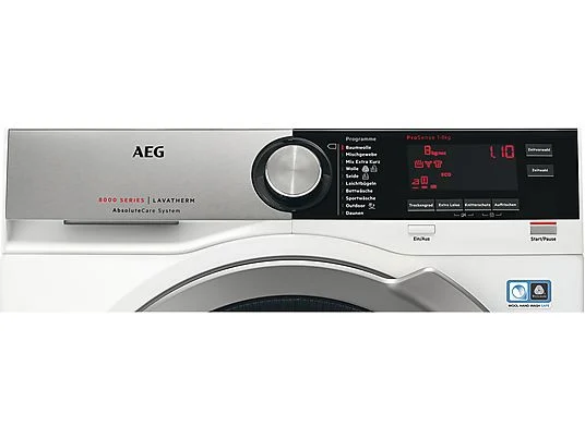 AEG 8000 AbsoluteCare T8DE86685 warmtepompdroger met AbsoluteCare®, SensiDry®, ProSense®, Inverter motor en 8 kg laadvermogen in witte uitvoering.
