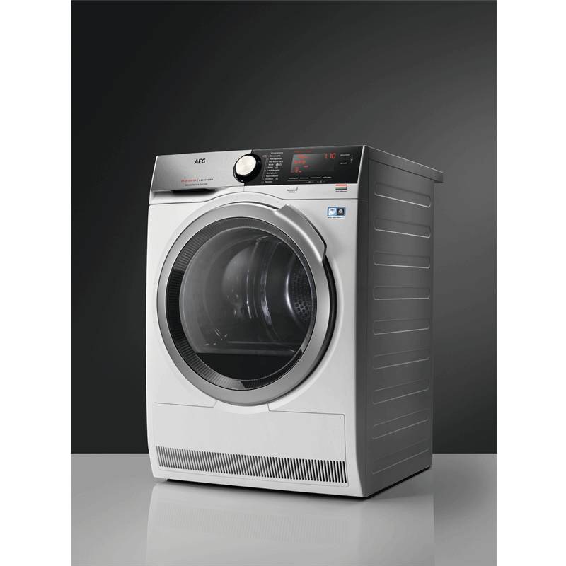 AEG 8000 AbsoluteCare T8DE86685 warmtepompdroger met AbsoluteCare®, SensiDry®, ProSense®, Inverter motor en 8 kg laadvermogen in witte uitvoering.