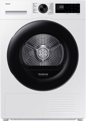 Samsung DV80TA220AE warmtepompdroger met OptimalDry sensortechnologie, Diamond Drum, energieklasse A++ en 8 kg laadvermogen in witte uitvoering.