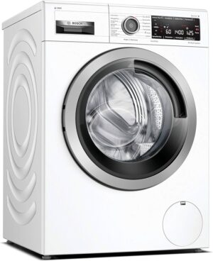 Bosch Serie 8 WAV28K43 wasmachine met 9 kg laadvermogen, i-DOS automatische dosering, 4D Wash System, Home Connect, EcoSilence Drive motor en AquaStop in witte uitvoering.